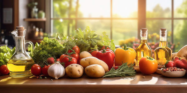 Verschiedene frische Gemüse, Kräuter, Knoblauch, Kartoffeln und Ölflaschen liegen auf einer Holzfläche; im Hintergrund ein helles Fenster mit Blick ins Grüne.
